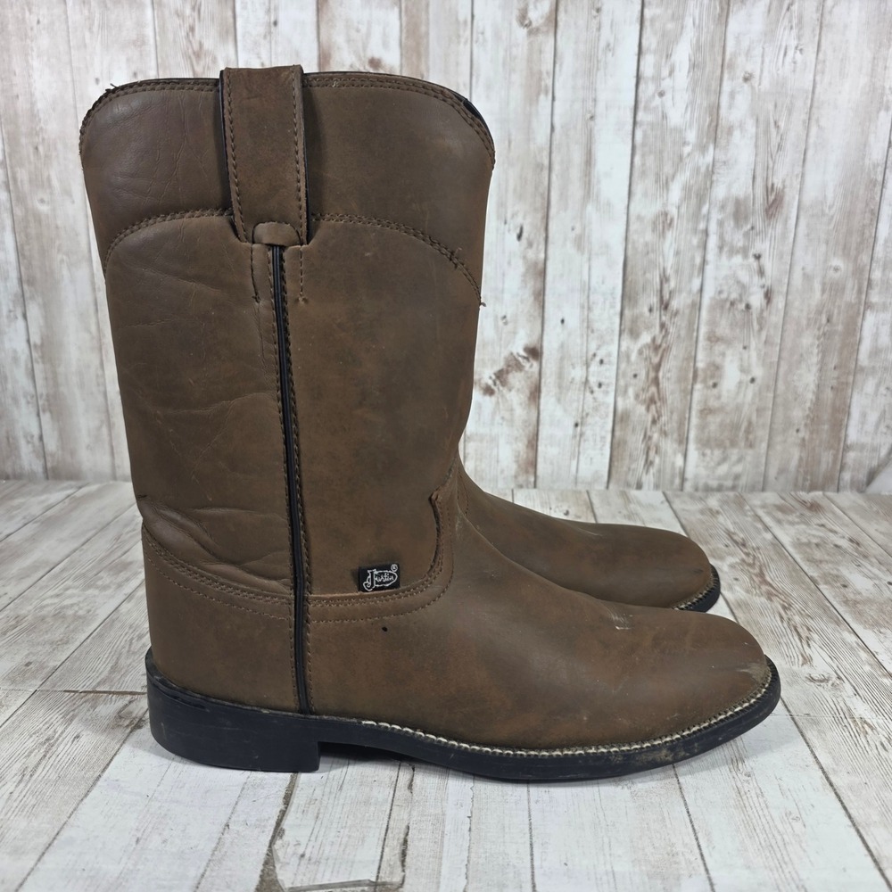 Justin Basics Brown Leather Roper Cowboy Boots‎ Womens 7.5 C JBL3001 Round Toe